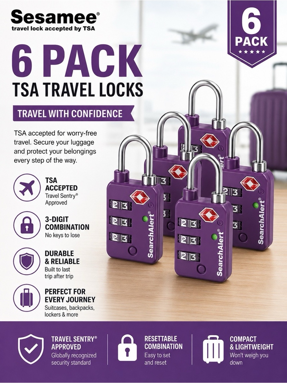 Sesamee SearchAlert TSA Approved Travel Lock 3-Dial Combo purple